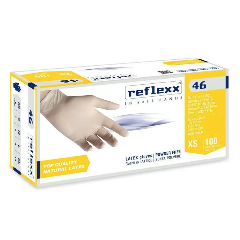 Rokavice latex Reflexx 46, brez pudra, bele 100kos Rokavice latex Reflexx 46, brez pudra, bele 100kos