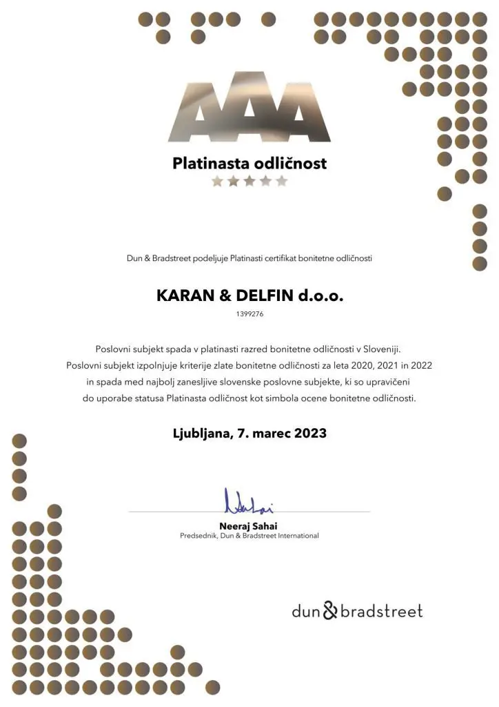 Platinasta odličnost AAA 2022 Karan & Delfin d.o.o.