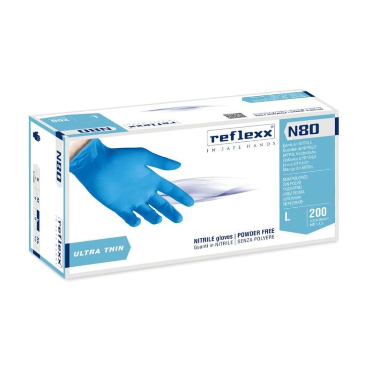 Rokavice nitril Reflexx N80B, tanke, brez pudra, modre