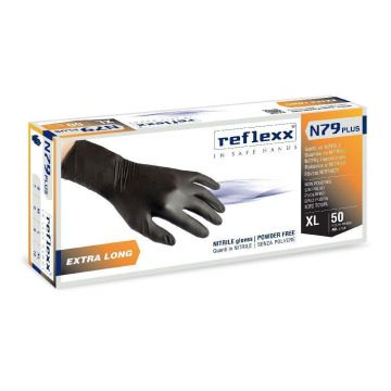 Zaščitne rokavice nitril Reflexx N79 Plus, podaljšane, brez pudra, črne
