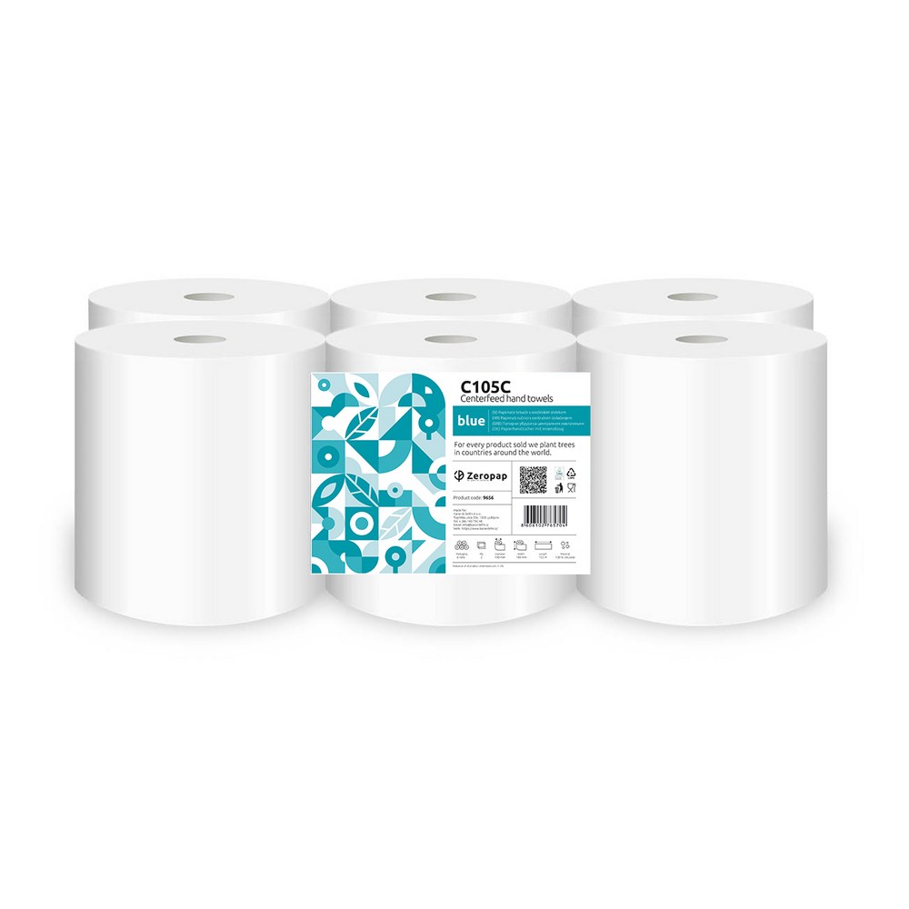 Papirnate brisače centralni izvlek Zeropap Blue C105C – 6 belih dvoslojnih rol v pakiranju, 100% celuloza, EU Ecolabel Papirnate brisače centralni izvlek Zeropap Blue C105C – 6 belih dvoslojnih rol v pakiranju, 100% celuloza, EU Ecolabel